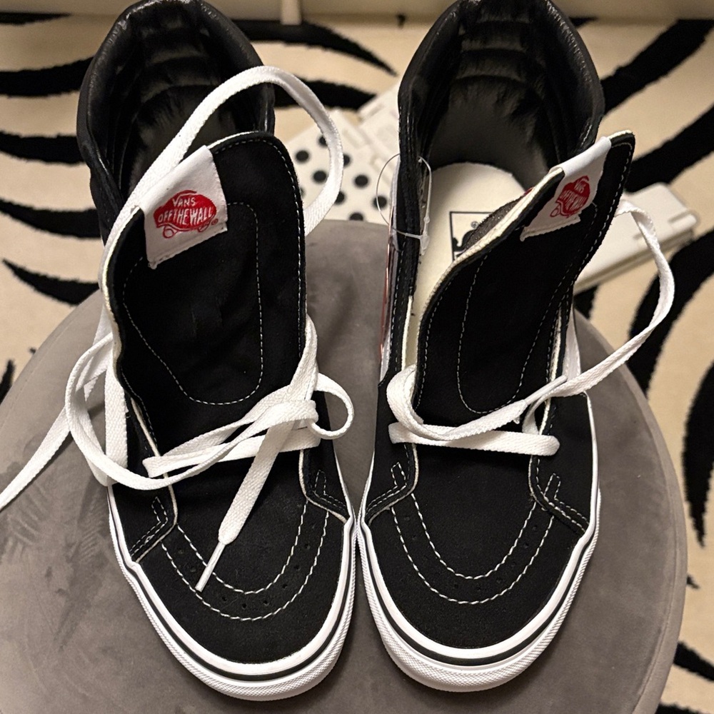 Vans Black and White High-Tops with Red Tag